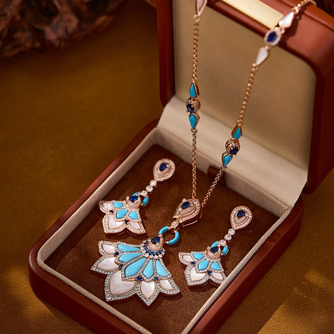 

AY Temperament Unique AAA Zirconia Turquoise Shell Sweater Chain Necklace Earrings Set For Women Lady Daily Dating Party Jewelry