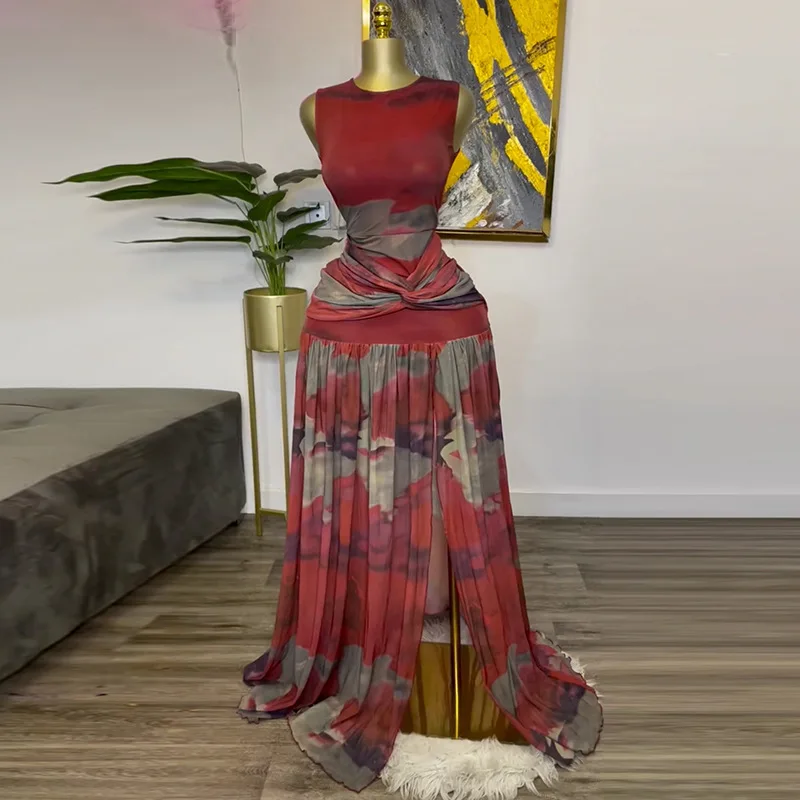 Women's 2025 Spring New Sweet and Fresh Printed Round Neck High Waist Split Dress Long Skirt Summer Dress Robe Vestido Women