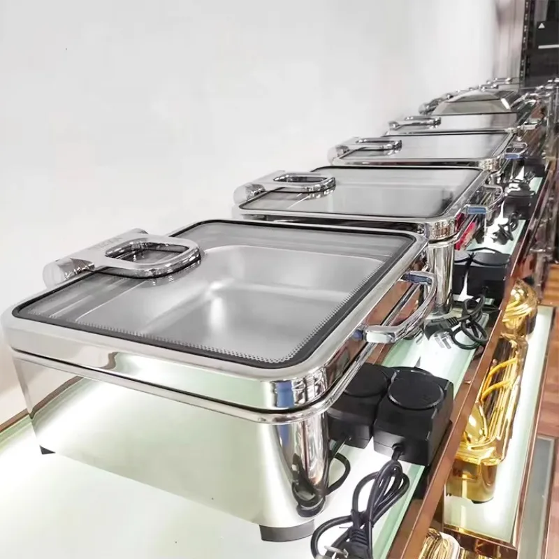 

Hotel Supplies Hot Pot Buffet Catering Stainless Steel Hydraulic Silver Hot Pot Buffet Set with Glass Cover
