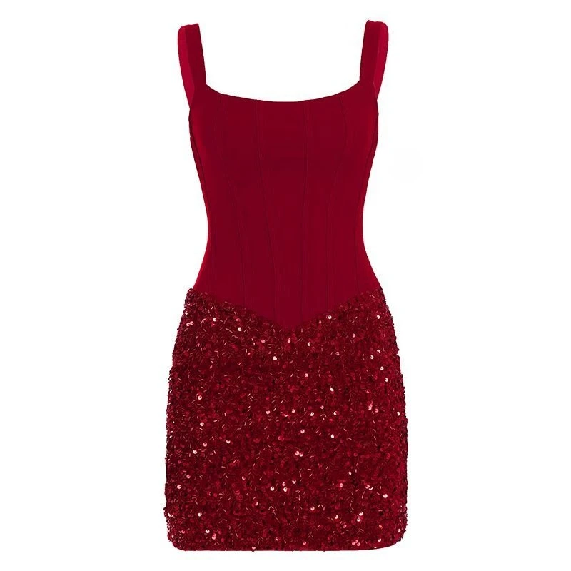 

Deeptown Sexy Red Evening Dresses Women Vintage Elegant Spicy Girl Sequin Skirt Summer Slim Up Sleeveless Backless Party Dresses