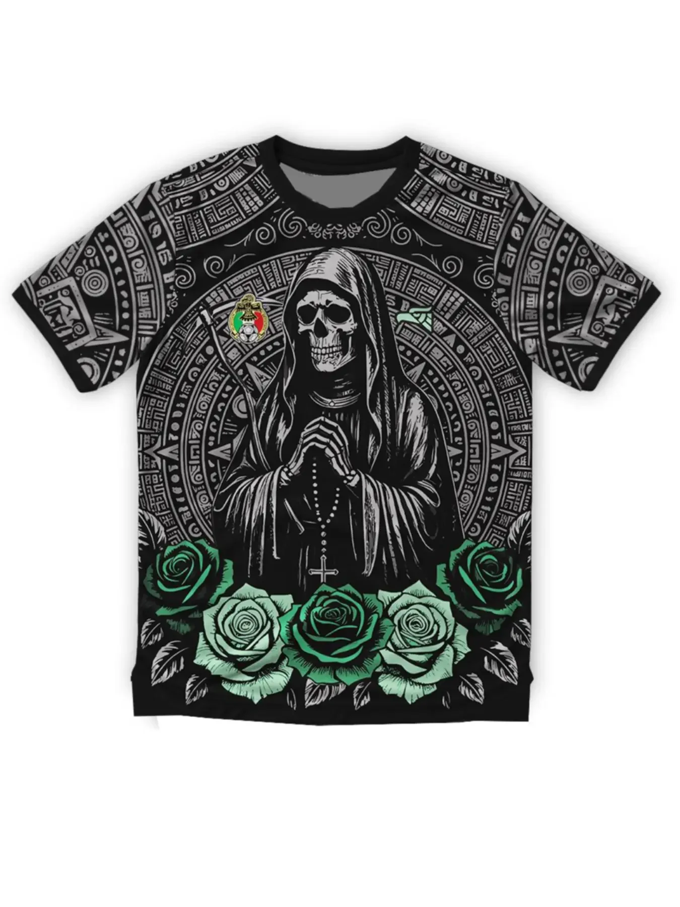 Mint Skull Soccer Jersey, Mexican Day of the Dead Theme Unisex Football Shirt, Jersey Shirts, Casual Fitted Short Sleeve