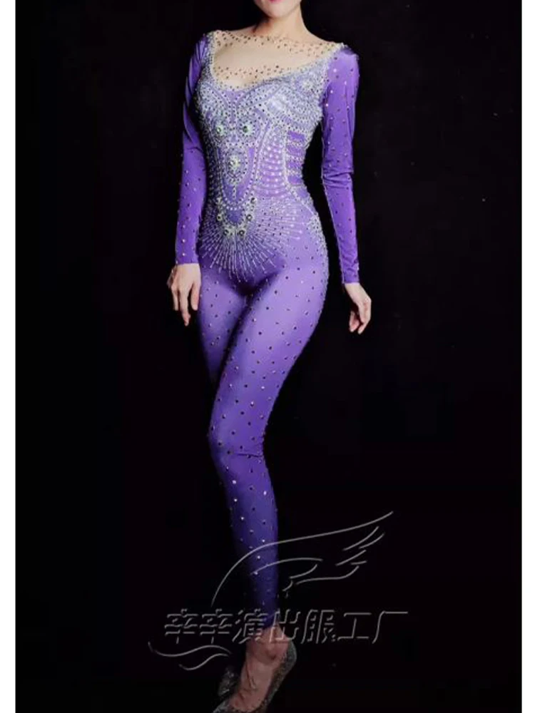 High Quality Hot Diamond Elastic Purple Jumpsuit 2024 New Fashion Customized Women'S Clothing