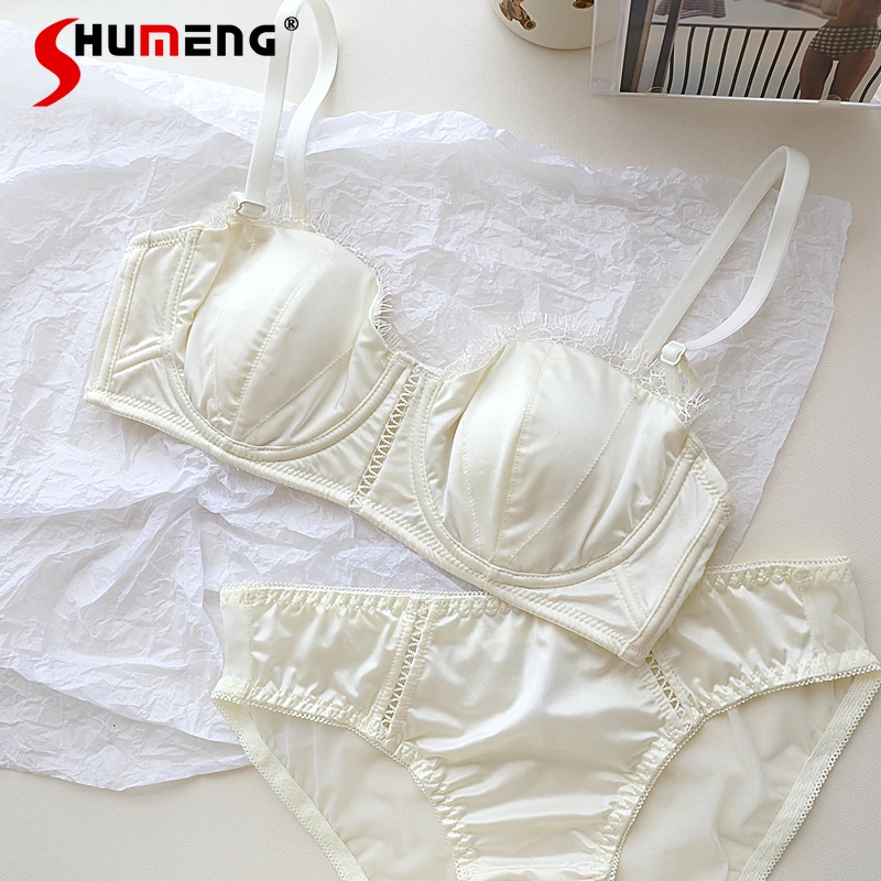 

Small Chest Push Up Half Cup Intimates Women's French Style Luxury High End Satin Brief Suits Girl Underwear Thin Lace Bra Set