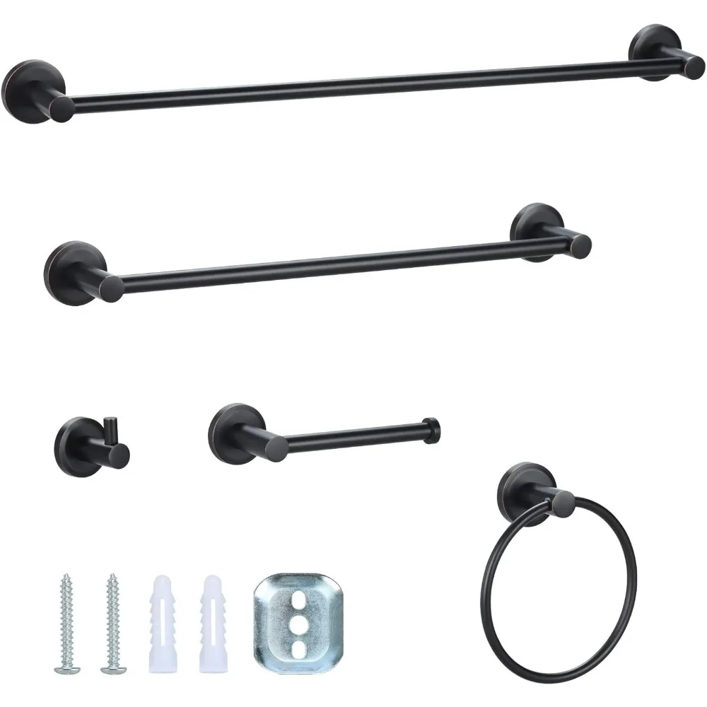 

5-Piece Oil Rubbed Bronze Bathroom Hardware Set with Towel Bar, Rod, Ring, Hook, and Toilet Paper Holder