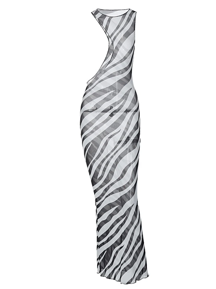 Zebra Print Long Beach Dress Cover-Ups Sexy Transparent Mesh Maxi Dress Striped Cut Out Bodycon Vacation Summer Dress Women 2024