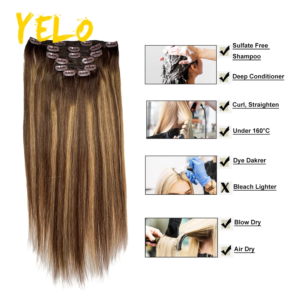 18 Inch Balayage Highlight Color T4-4-27 Clip In Human Hair Extension Invisible Long Straight Hairstyle Hairpieces For Thin Hair