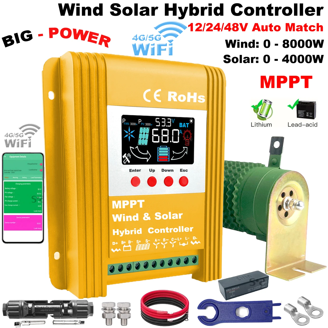 

12V24V48V 4000W 5000W 6000W 8000W Модернизированный контроллер заряда Hybird Wind Solar Встроенный Wi-Fi MPPT, для Lifepo4 Литий-свинцово-кислотный