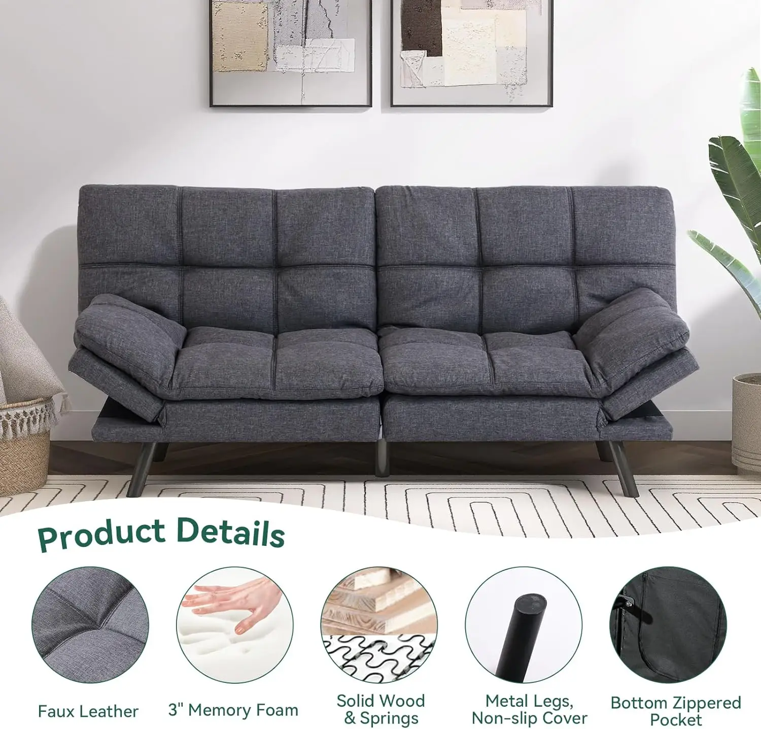 Hcore-conversível memória espuma Futon sofá-cama, Sleeper Couch