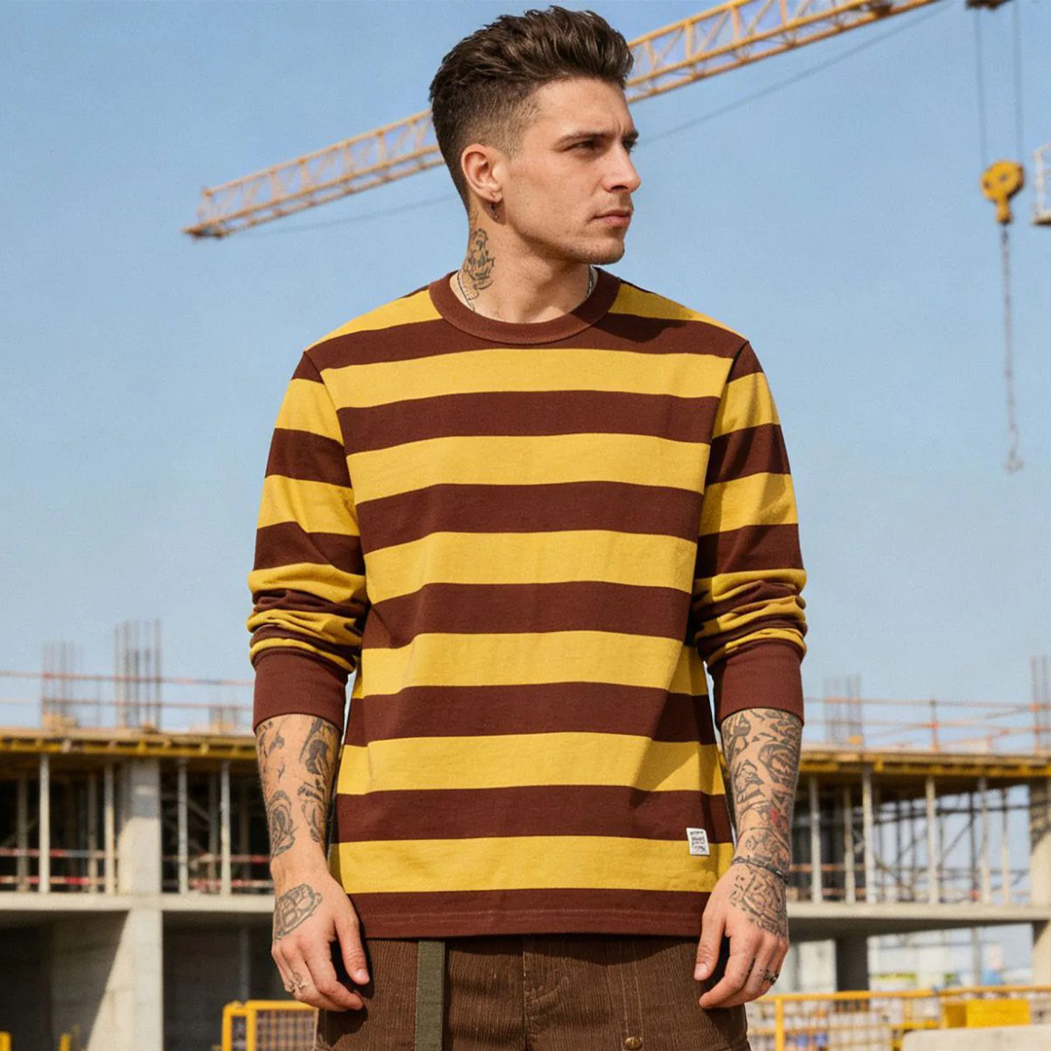 Men Amekaji Retro Heavy Striped Long Sleeve Tee Prison Locomotive Vintage Casual Workwear Tops