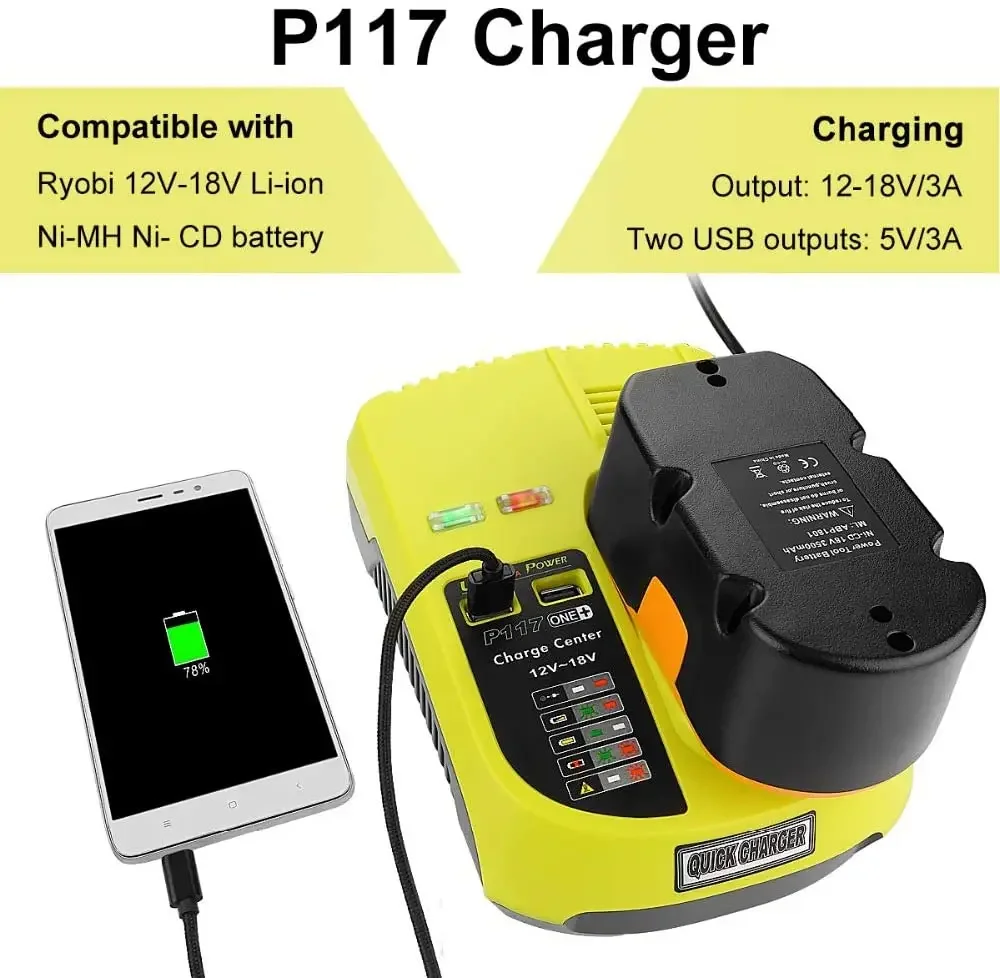 

3A 12V 14.4V 18V Battery Charger For Ryobi P117 Rechargeable Battery Pack Power Tool Ni-Cd Ni-Mh Li-Ion P110, P111, P107,P108