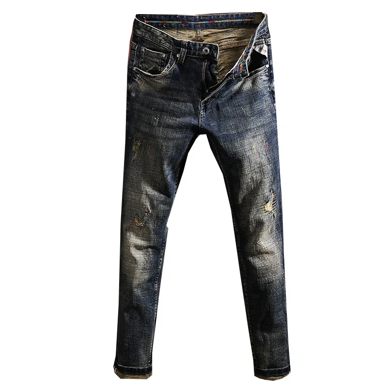 Slim fit small straight tube ripped patch jeans for men, retro washed, personalized, nostalgic denim, heavyweight pants