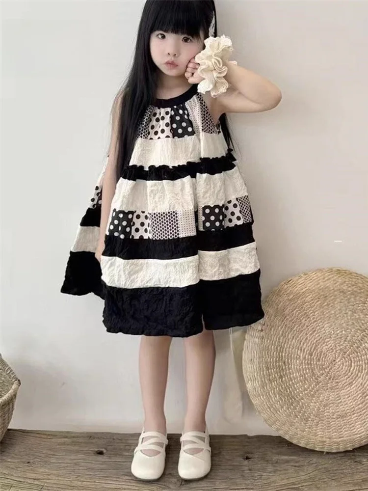 

Girls Summer Polka Dot Vest Dr Sweet Sle Svel Faionable Splice round Ne Bal Skirt for Little Princ