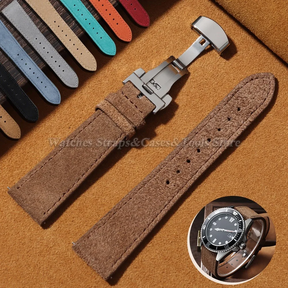 Bracelet de montre vintage en daim et cuir de vachette fait main 18mm 19mm 20mm 22mm, noir et marron, avec boucle déployante, pour hommes et femmes