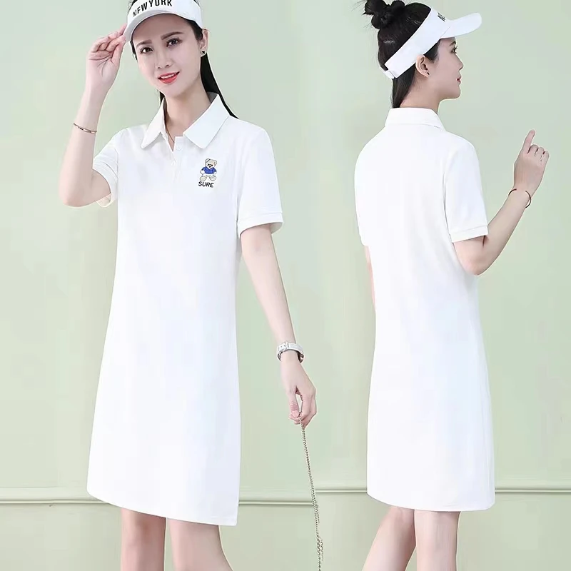 Décontracté col Dr femmes été nouveau ample polyvalent jeune minceur coréen Sle T-shirt a-ligne Midi Dr couleur Pure