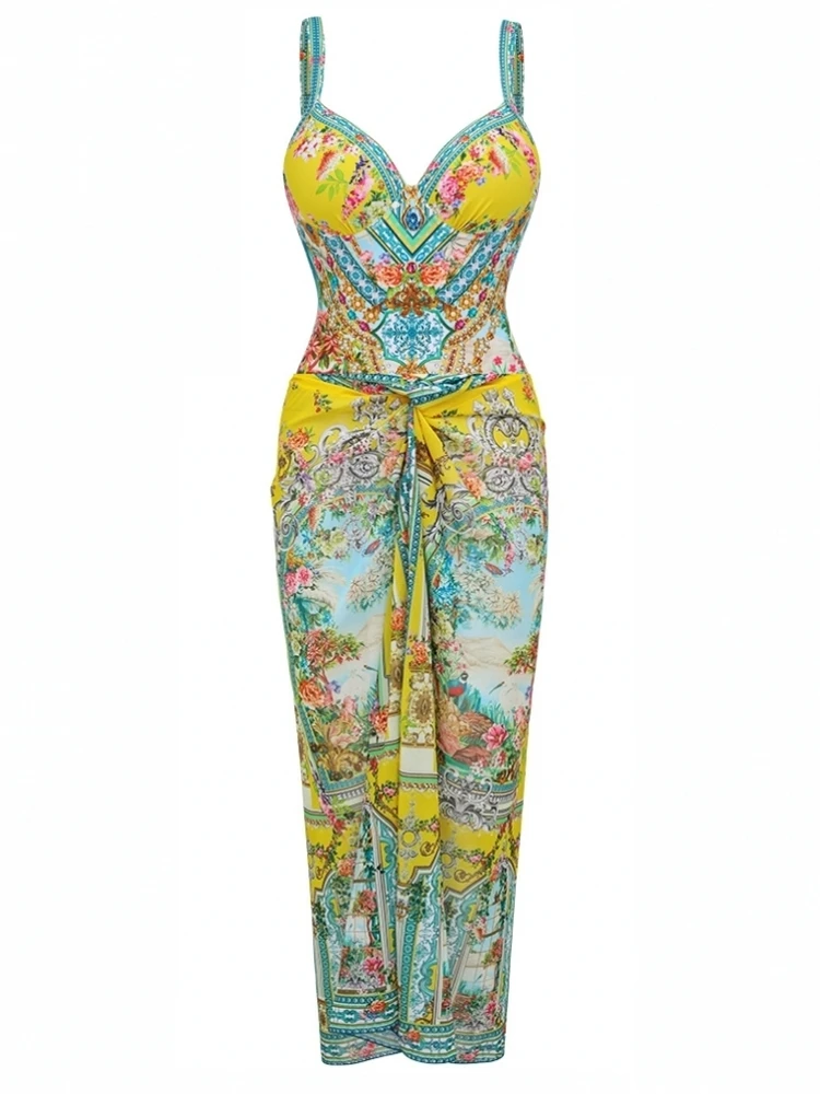 

Retro Bikini Printed Fashion Two Piece Swimsuit And Cover Up With Skirt Tight Women's Bandage Summer Beach Luxury Elegant
