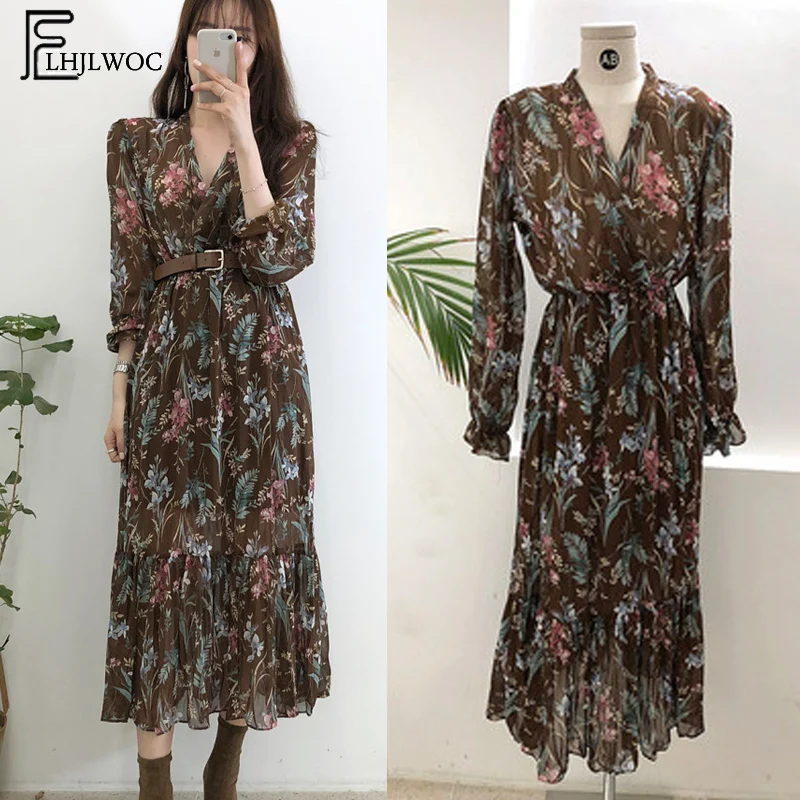 Robe longue en mousseline de soie à imprimé floral pour femmes, robes vintage, taille fine, style coréen, tenue de date décontractée, tempérament, nouvel an, mignon, 2023