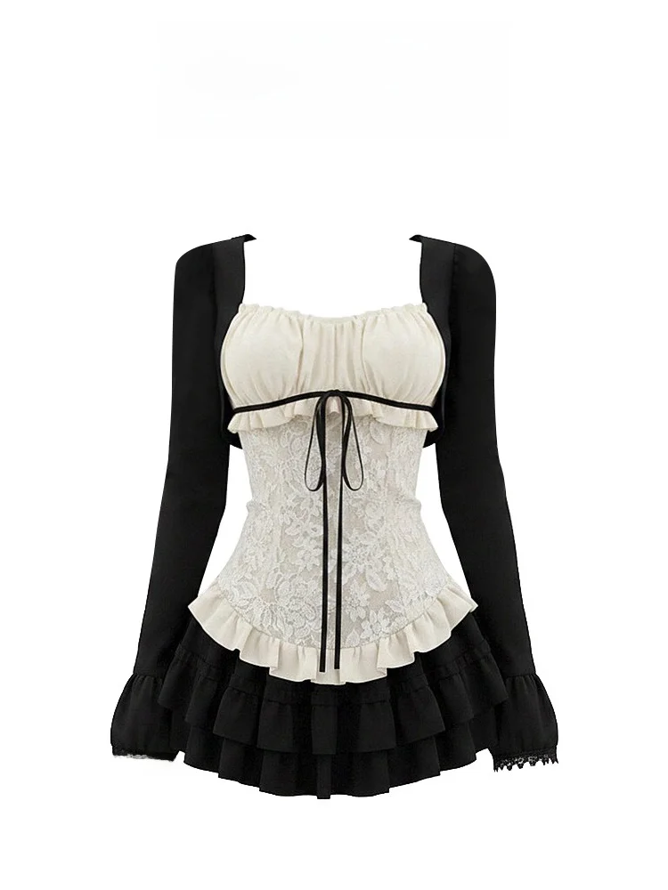 Pure Desire Lace  Knot Color Block High Waist Women's Vest And Skirt Set Summer Slimming Black Flower Bud Design image 2