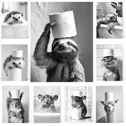 Black and White Cute Animal and Toilet Paper Poster cat hedgehog sloth Canvas Painting Wall Art Bathroom Living Room Home Decor