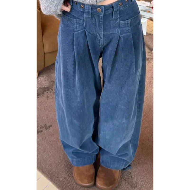Immagine 3: Pantaloni blu eleganti da strada americani con doppia tasca Pantaloni larghi dritti a gamba larga da donna