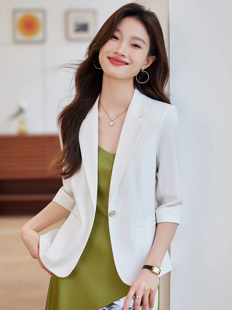 

White Midi Sleeve Suit Jacket Women's 2026 New Spring Commute One Button Shoulder Pad Ladies Seven Sleeve Suit