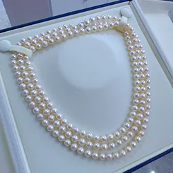 Beautiful Pearl Necklace AAAA7-8mm Natural Round Japanese Pearl Necklace 925 Silver Length 130cm