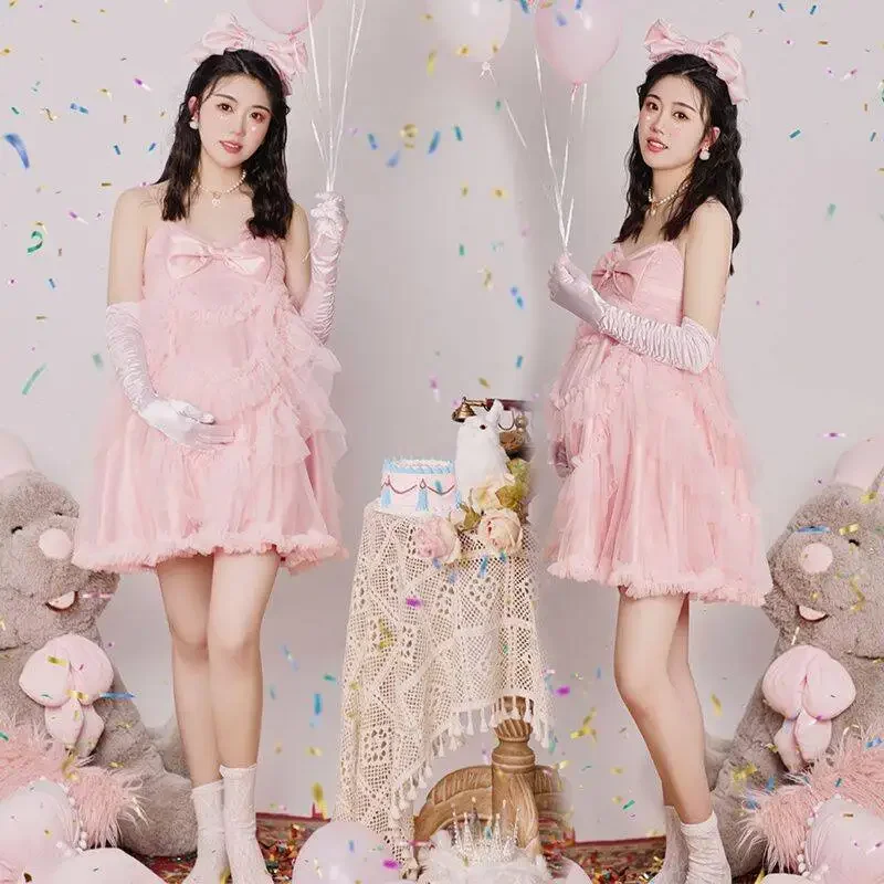Women Photography Props Pink Sweet Maternity Dresses Pregnancy Mini Tank Dress with Gloves 2pcs Set Studio Photo Shoot Clothes