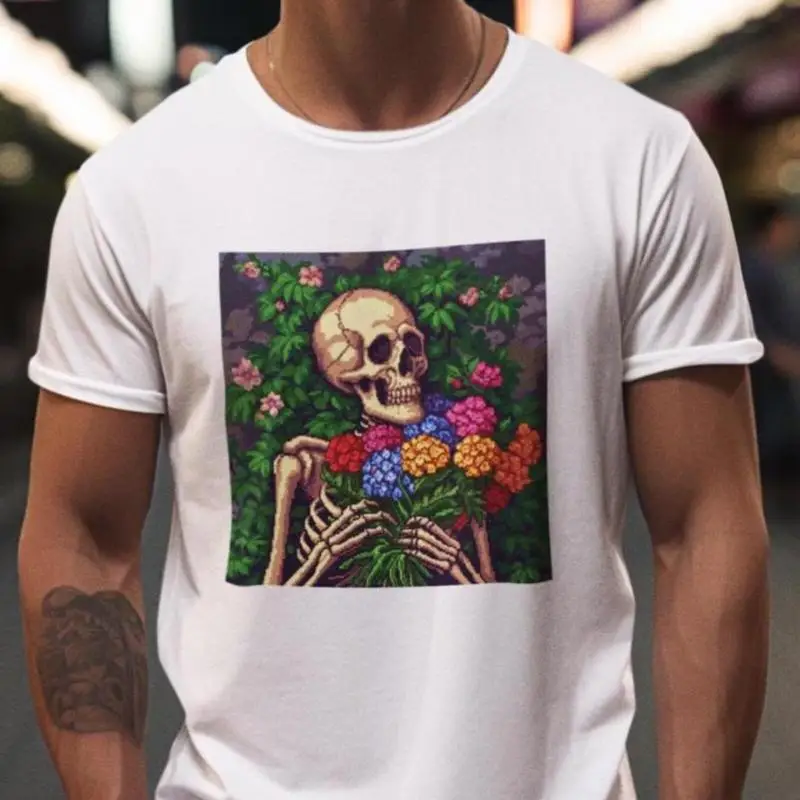 

17 8-битная футболка со скелетом и цветами пиксельного искусства, уникальный ретро-стиль