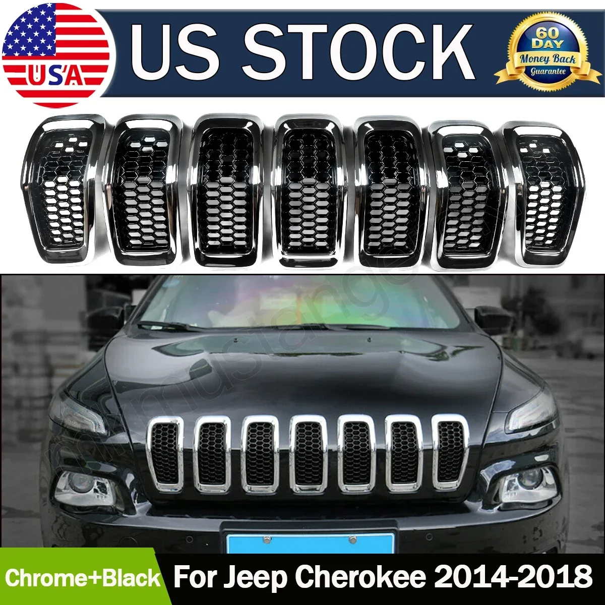 Depot Black Mesh Honeycomb Chrome Ring Front Grille Inserts OE Replacement for 2014-18 Jeep Cherokee