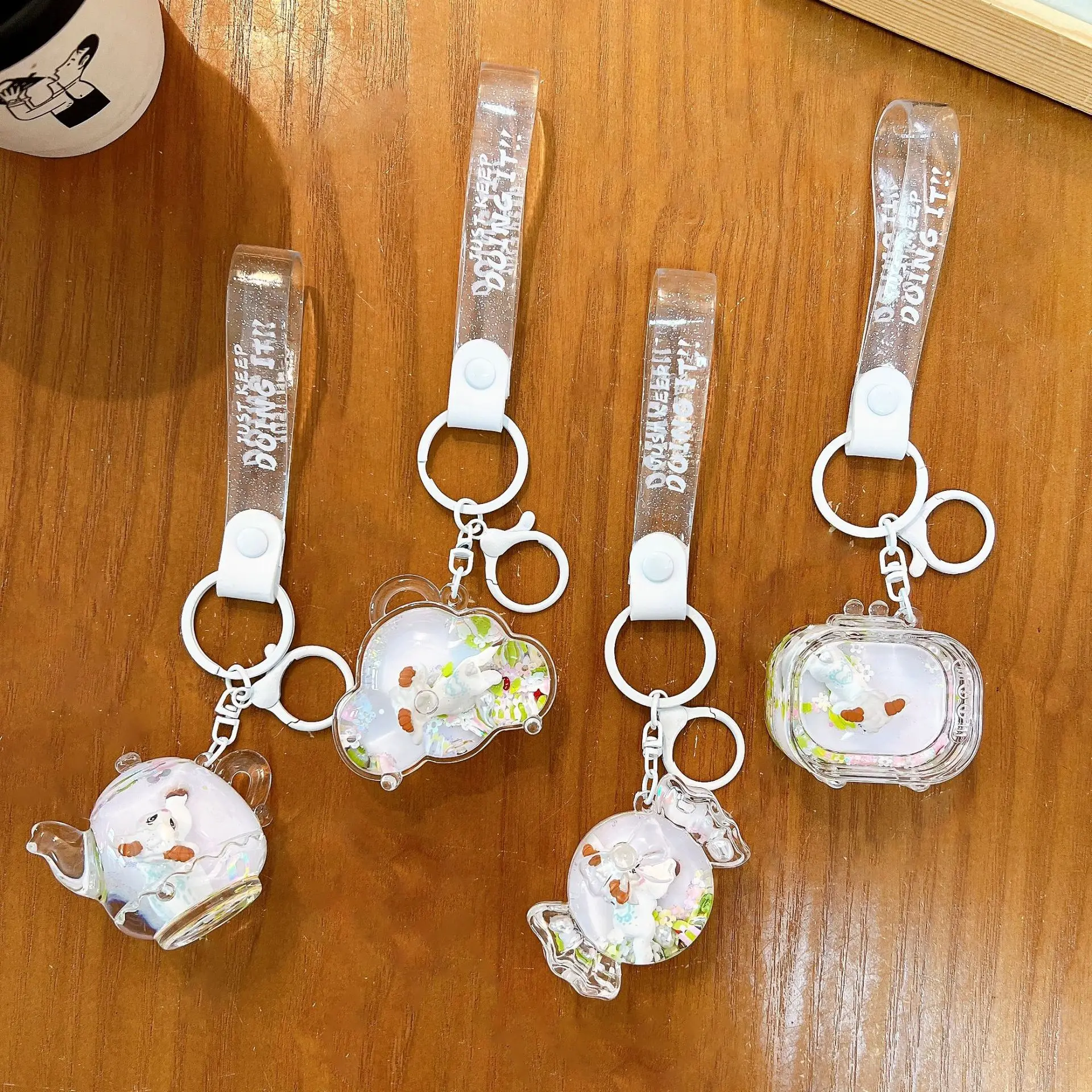 Transparent Teapot Candy Bottle Liquid Keychains Cartoon Floating Quicksand Little Lamb Keyring for Friends Kids Lamb Year Gifts
