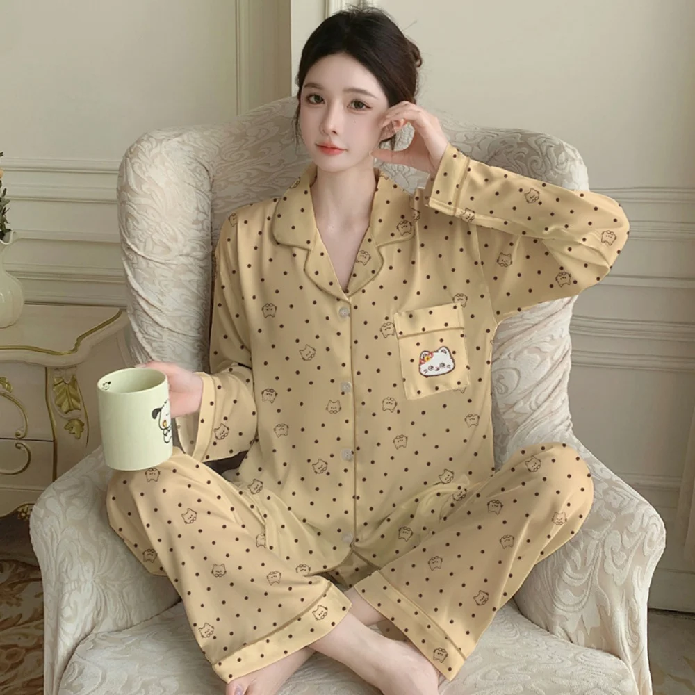 

Весенне-осенние новые женские пижамы, домашняя одежда, свободные дышащие пижамы из ледяного шелка с волнистыми точками, домашняя одежда, комплект с длинными рукавами