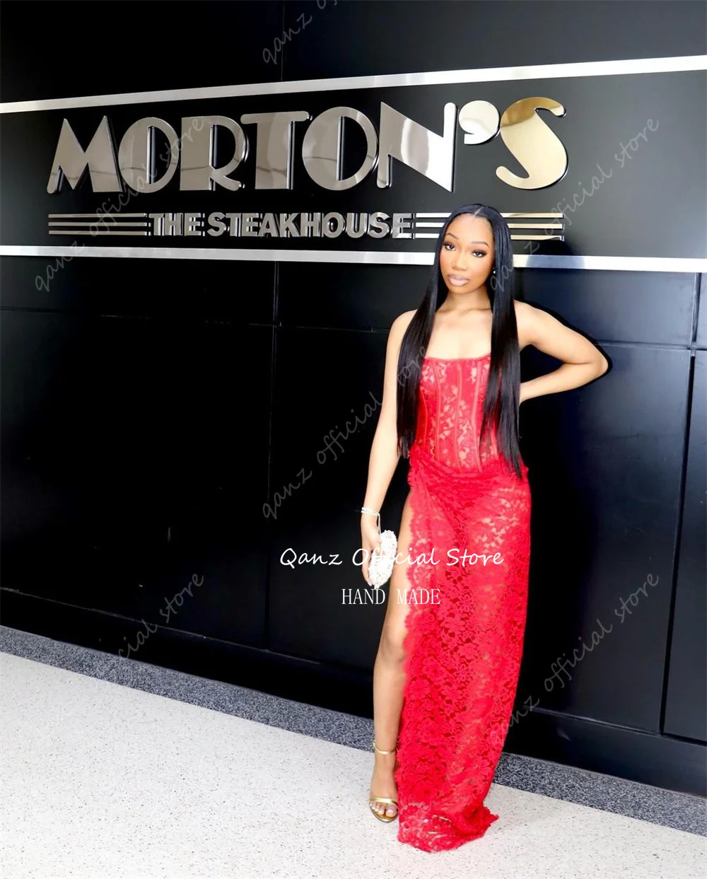 Qanz Red High Leg Slit Africa Prom Dresses Lace Appliques Abendkleider Luxus 2024 Duba Mermaid Floor Length for Girs Party Gown