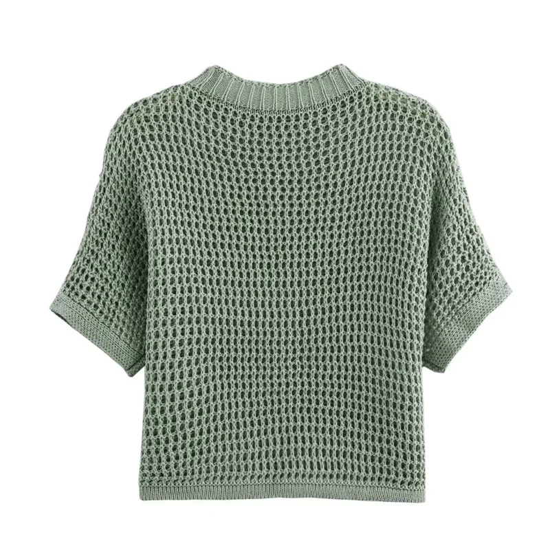 KEYANKETIAN 2024 New Launch Women\'s Short Sleeve Hollow out Knitwear Summer Simply Leisure Light Green Pullover Thin Knitted Top