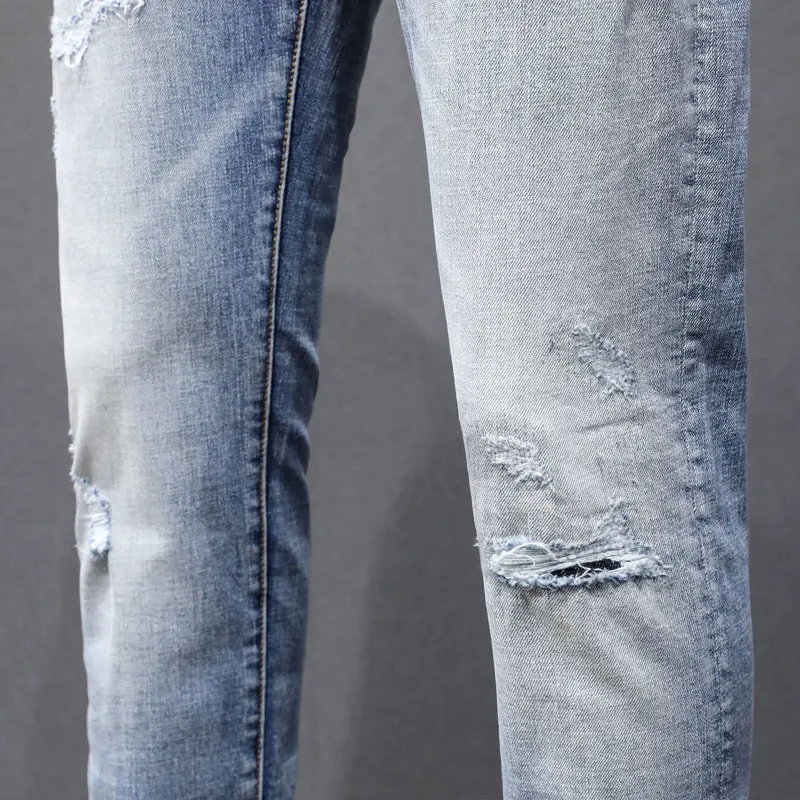 Streetwear Fashion Men Jeans High Quality Retro Light Blue Stretch Slim Fit Ripped Jeans Men Vintage Designer Brand Denim Pants