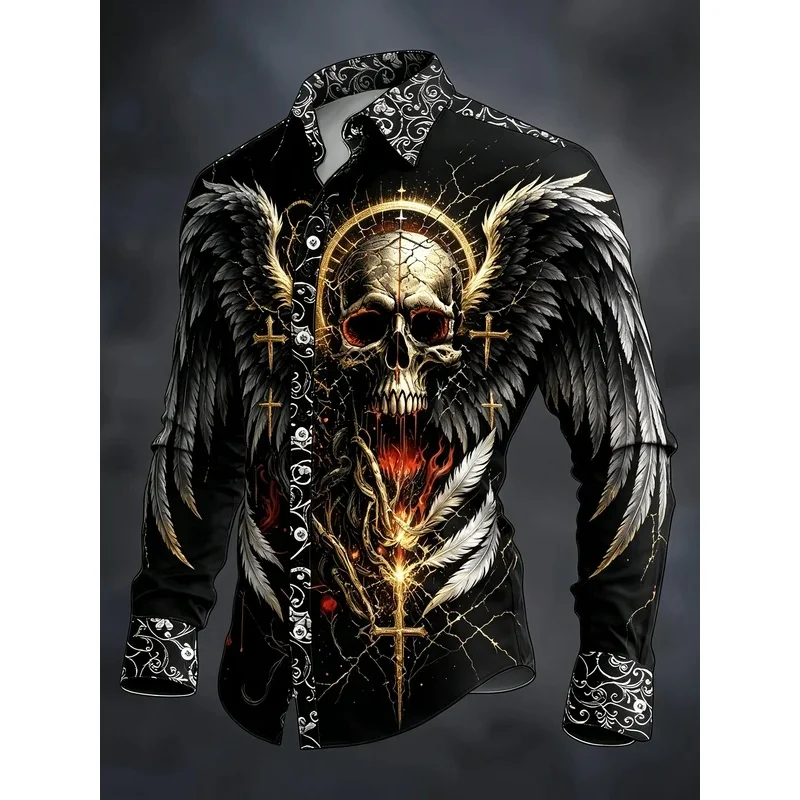 Herren-Langarmhemd mit lila Rauchkrone und Totenkopf-Print, Revers-Oberteil für Gothic-Themenpartys, Bars und Nachtclubs.