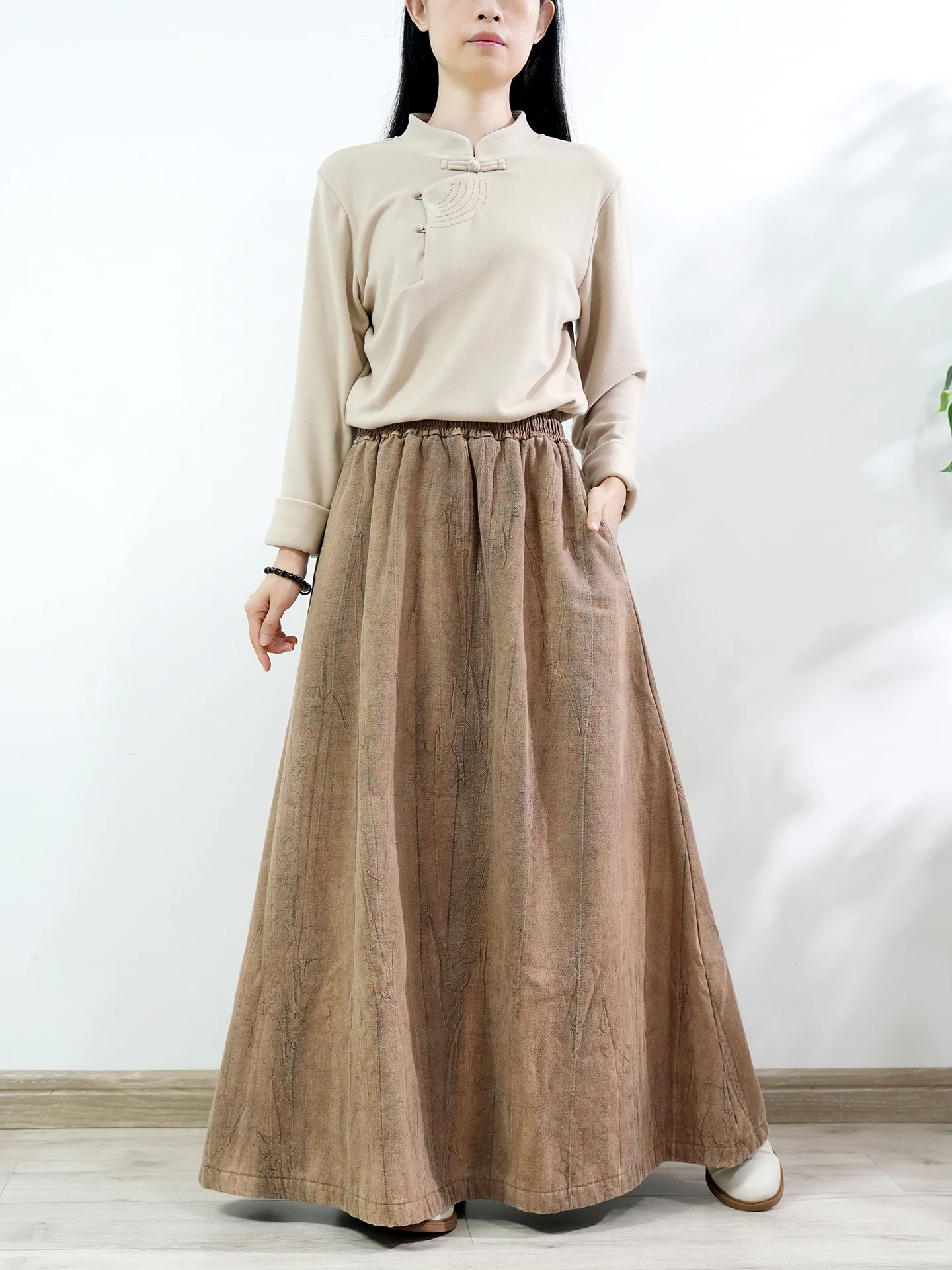 TIYIHAILEY Neue Lange Maxi Frauen Elastische Hohe Taille Fleece Innen Baumwolle Leinen Herbst Winter Dame A-linie Röcke Big Hem Braun