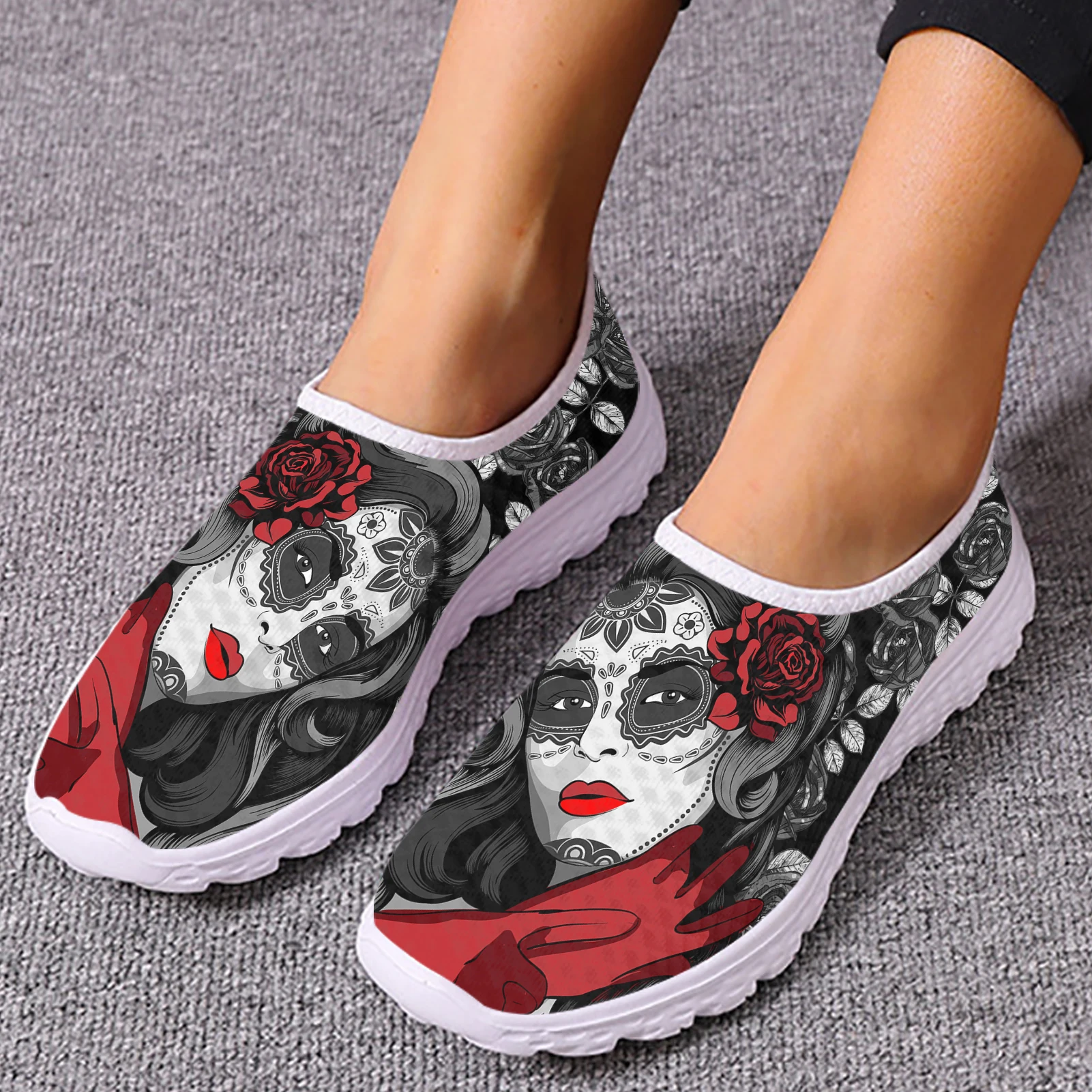 INSTANTARTS Sugar Skull Girl Loafers Comfortable Breathable Mexican Skull Slip-on Shoes Flat Mesh Shoes Women's Walking Shoes