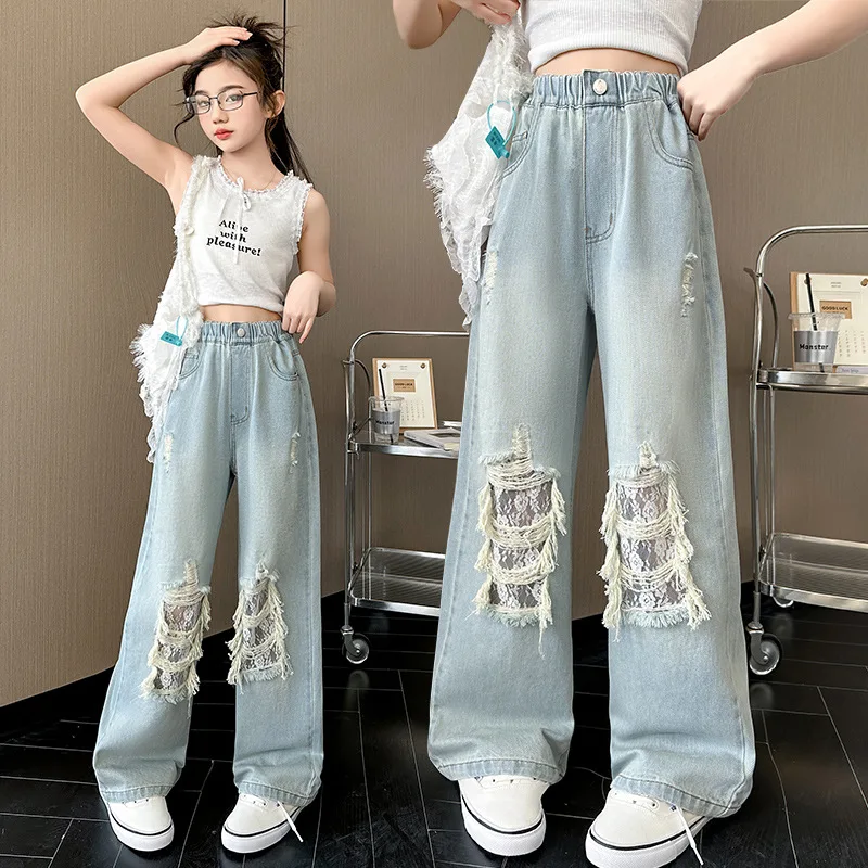 Spring Summer Children Fashion Solid Ripped Jeans With Lace Hole For Girl Hip Hop Style Denim Pants Kids Fancy Destroyed Trouser