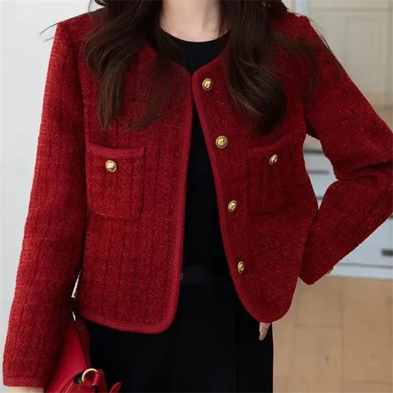 

2025 New Fragrance Coat Female Autumn Winter French Burgundy Jacket Temperament Joker Overcoat Socialite Tweed Outwear Women Top