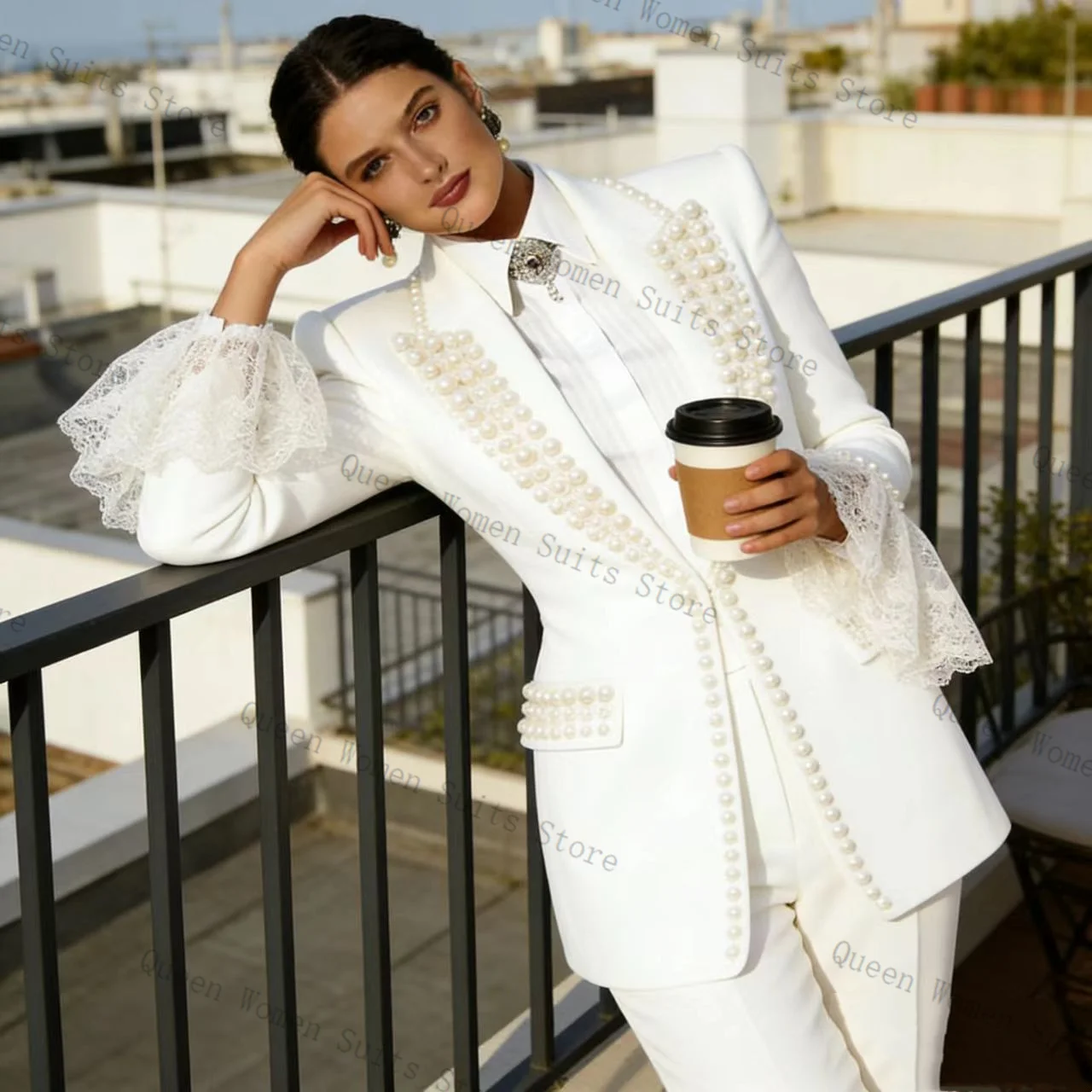 White Pearls Lace Women Suit Set 2 Pcs Blazer Pants Cotton Outfit Prom Formal Office Lady Jacket Wedding Coat Customized image 4