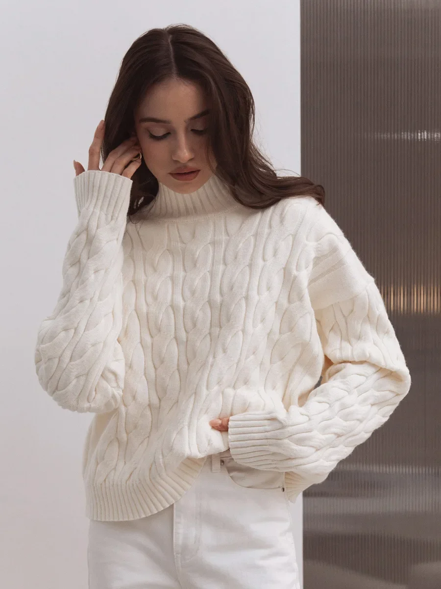 

Fmxires Twist Knitted Sweater Pullover Women's Fashion Half Turtleneck Long Sleeve Knitwear Autumn Winter Thick Warm Sweater Top