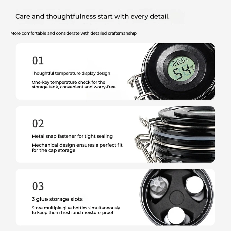まつげ接着剤保存タンク、温度と湿度を制御する活性炭シール付き漏れ防止ジャー容器、まつげエクステンションツール