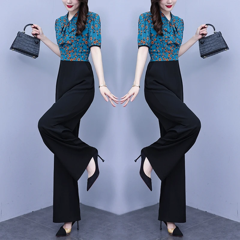 

Лето 2023, широкие брюки с высокой талией, двухсекционные шифоновые брюки с цветочным принтом, женские длинные брюки для поездок на работу