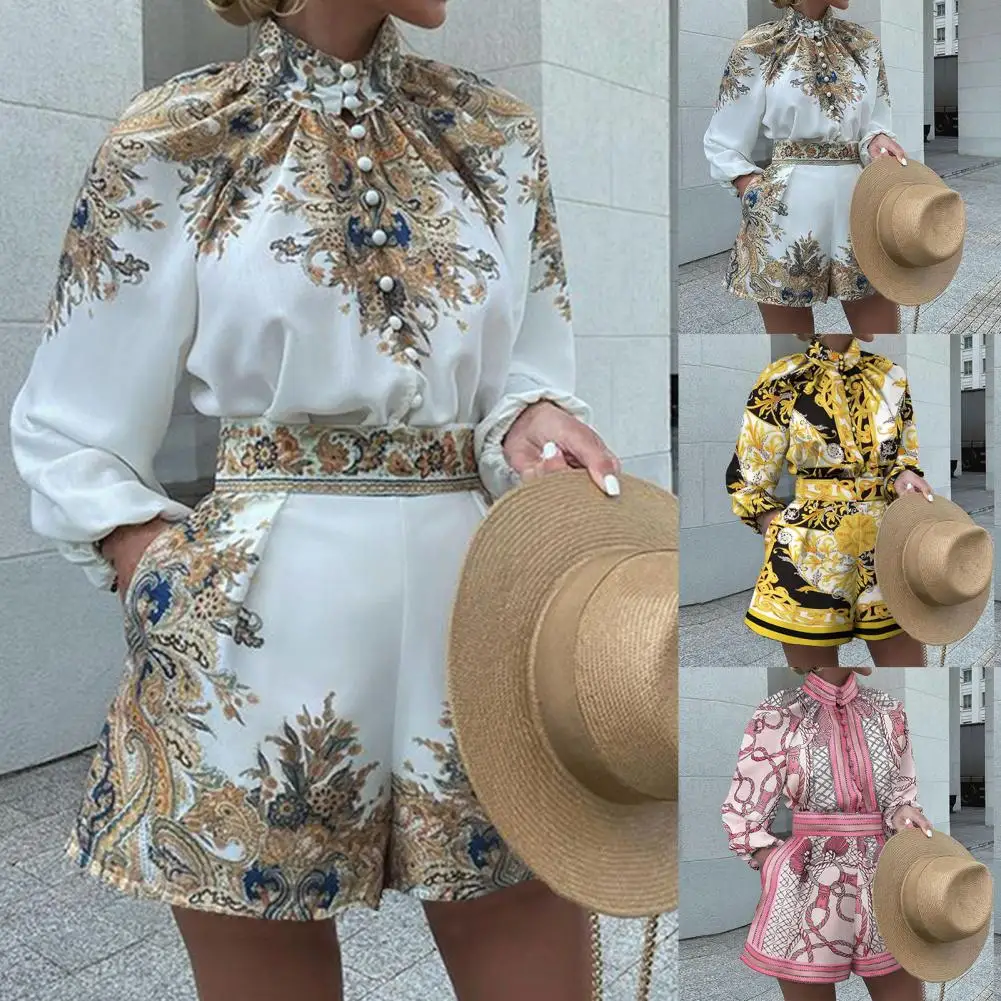 Conjunto de temperamento para mujer, traje elegante de oficina para mujer, pantalones cortos de camisa de cuello alto, cintura alta, botonadura