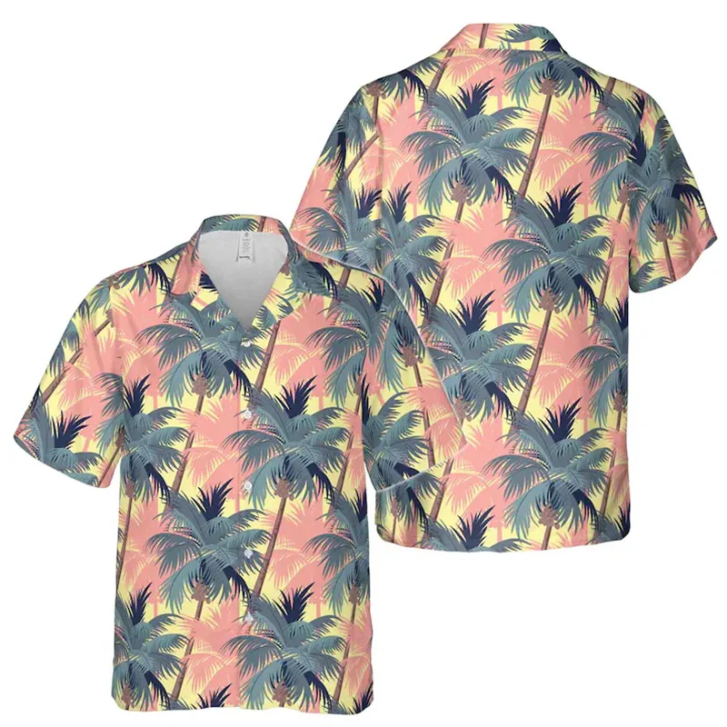 

Fashion Summer Palm Trees Print Shirts Unisex Asian Sport Graphic Tropical Hawaiian Lapel Short Sleeve Shirts Popular Flamingo