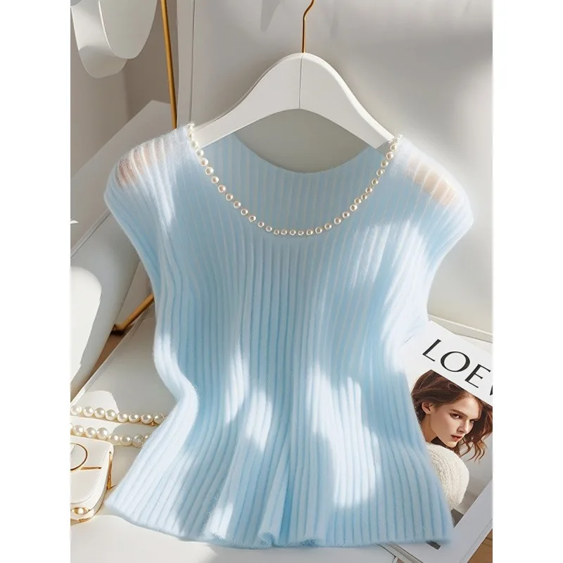Sommer Stricken Frauen Weste O Hals Perle Diamant Stricken Solide Pullover Top Koreanische Mode Dünne Leichte Pendler Weibliche Tragen