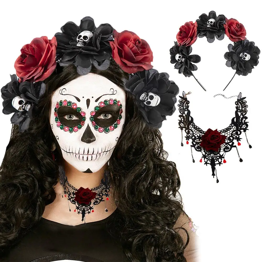 Skull Rose Haarbanden & Ketting Set Halloween Party Kostuum Hoofddeksels Horror Rekwisieten Mexicaanse Roze Bloem Kroon Hoofdband Nieuwigheid