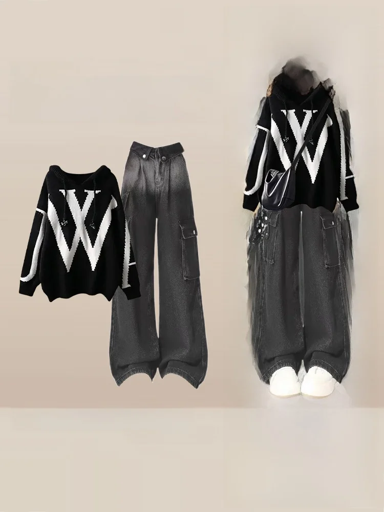 

Retro American Workwear Sle Set Women Loose Color Blo Hoodie Knitted Sweater Match High Waist Straight Leg Pants Autumn W...