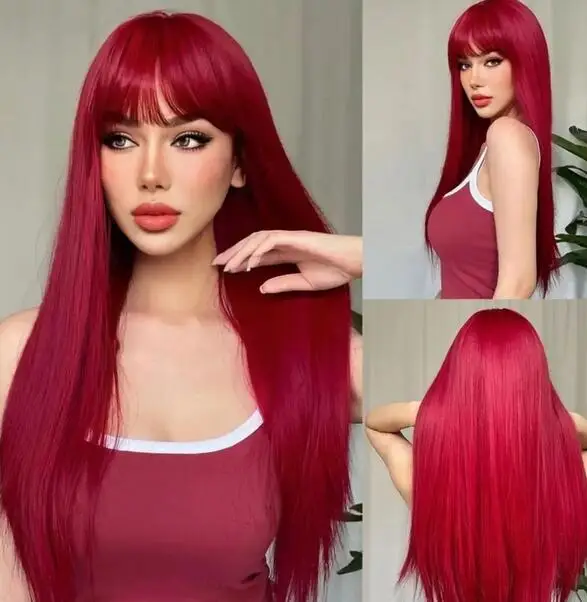 

New wig women's natural bangs long straight tube wine red