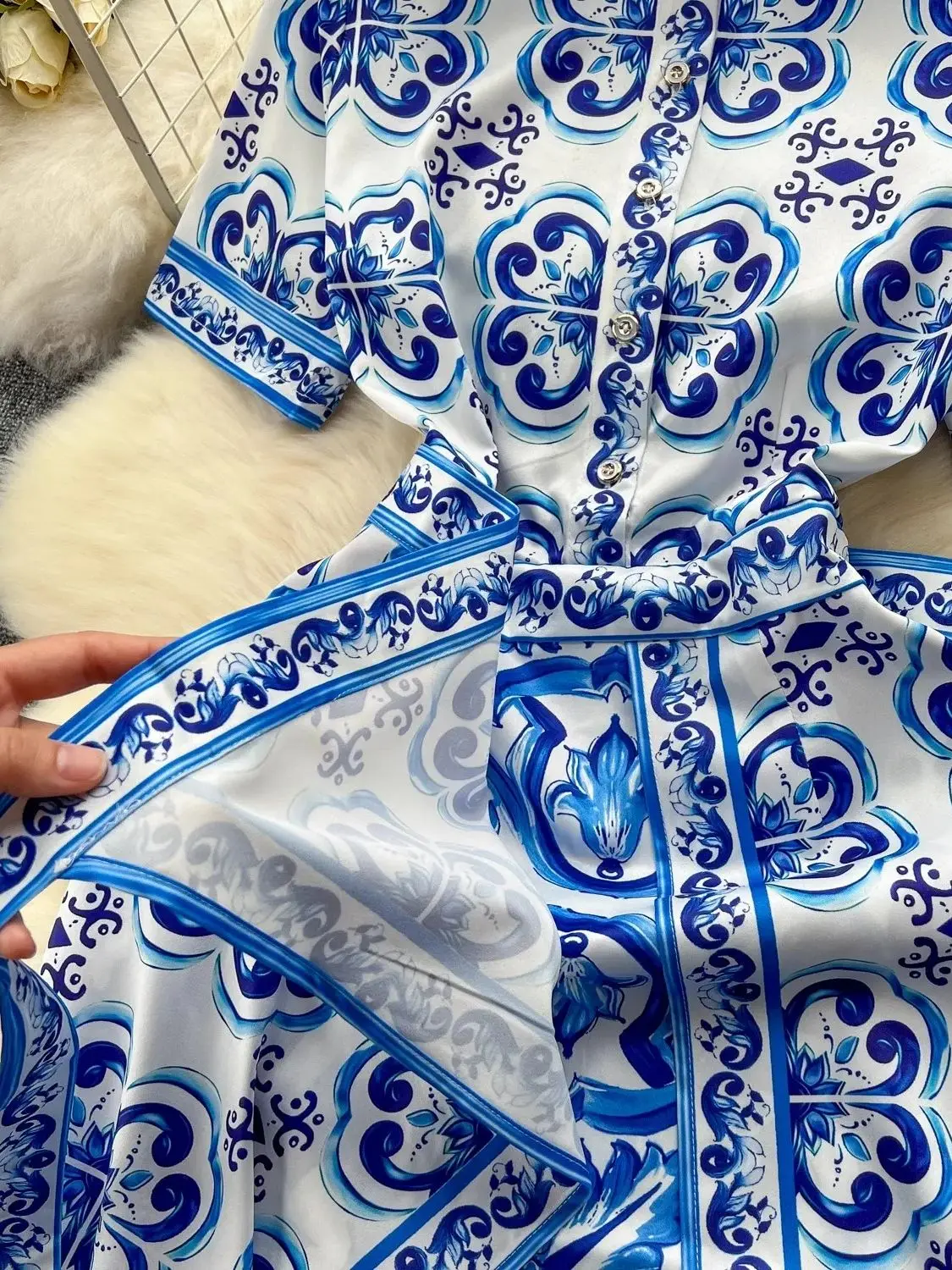 JAEMRARY Summer Holiday Print Dress Women Blue White Porcelain Floral Robe Short Sleeve Bandage Lace Up Wrap Midi Vestidos Cloth