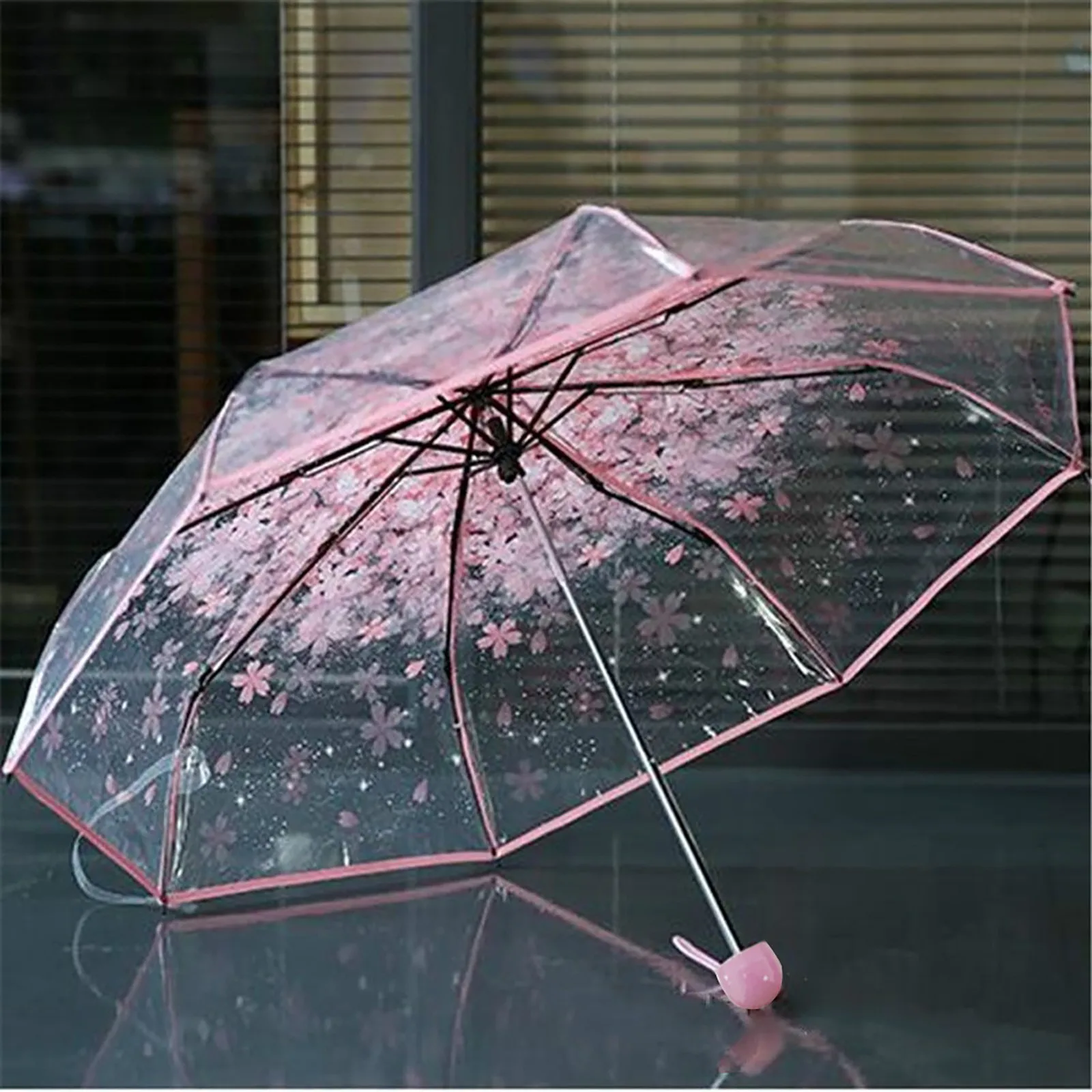 Transparent Clear UmbrellaFolding Cute Korean Mini Fresh Simple Sen Series Trifold Cherry Blossom Transparent Japanese Umbrella